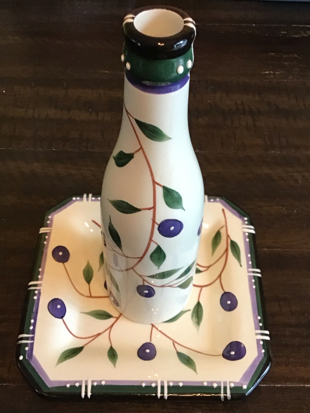 Hand-Painted Ceramic Bottle & Tray Set in White with Purple Accents